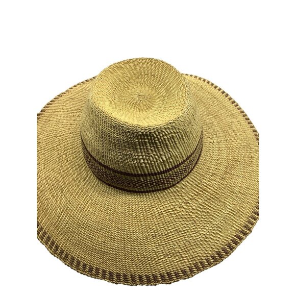 South American Handmade Wide-Brimmed Straw Sun Hat Burgundy Accents Finely Woven - Picture 6 of 7